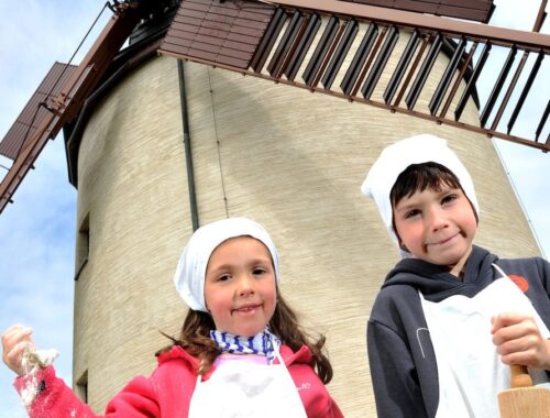 Kinder vor Windmühle Syrau im Vogtland